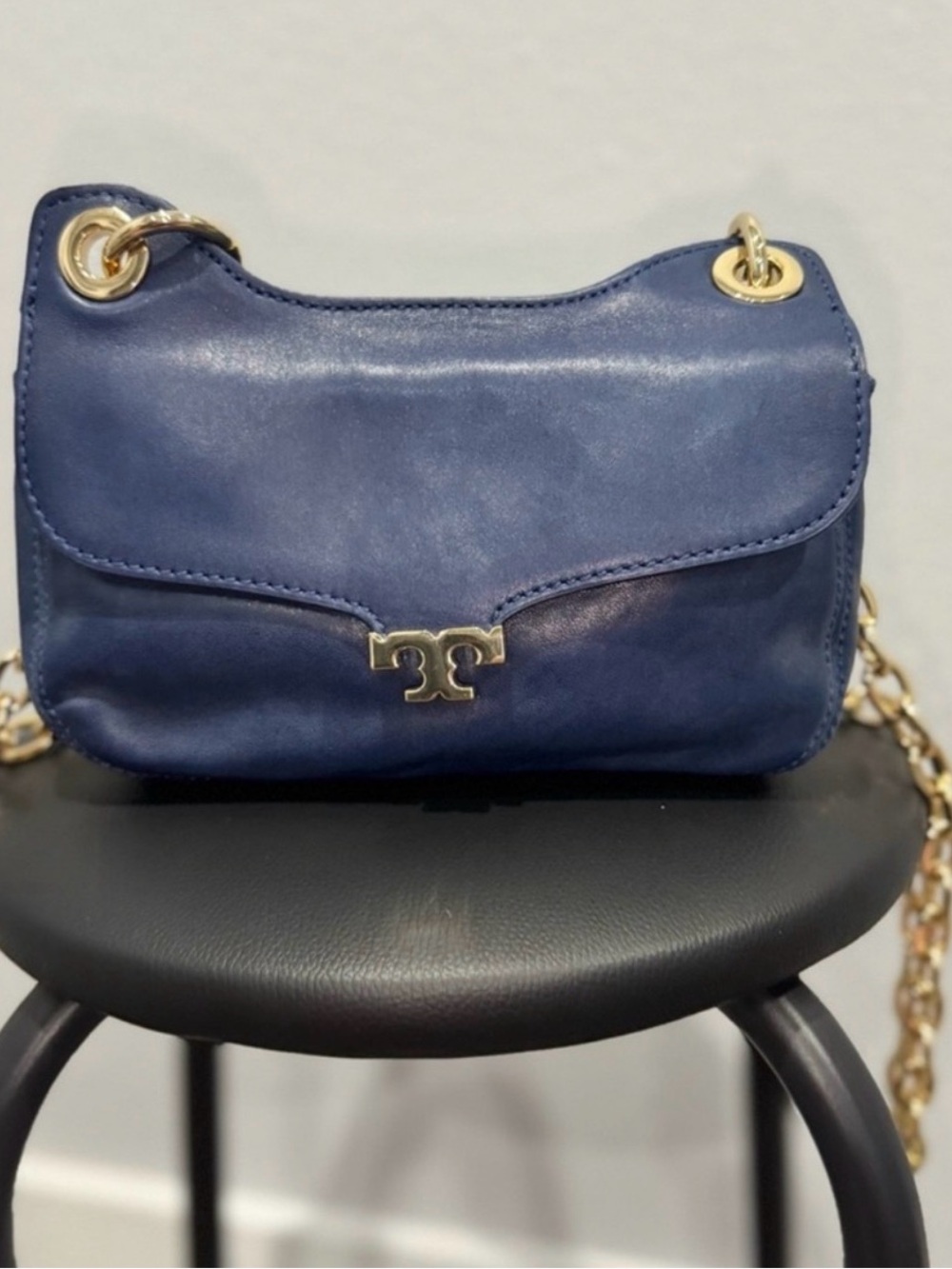 Tory Burch Blue Leather Flap Crossbody with Gold Chain